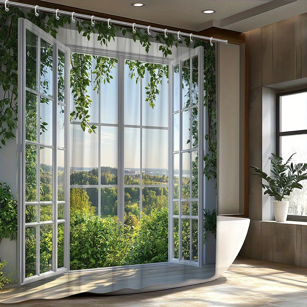 Rideau de douche Tranquil Sunny avec vue sur la forêt luxuriante, comprend 12 crochets, rideau de douche décoratif lavable en Machine pour salle de bain