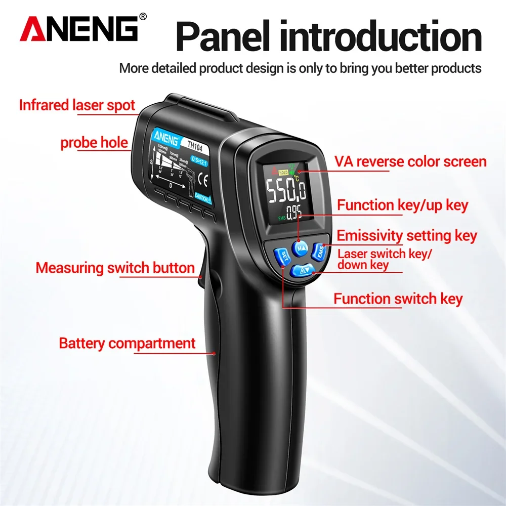 Ręczny pistolet temperaturowy na podczerwień ANENG TH104 -50~550 ℃   Termometr z czujnikiem laserowym na podczerwień Kamera termowizyjna VA Ekran