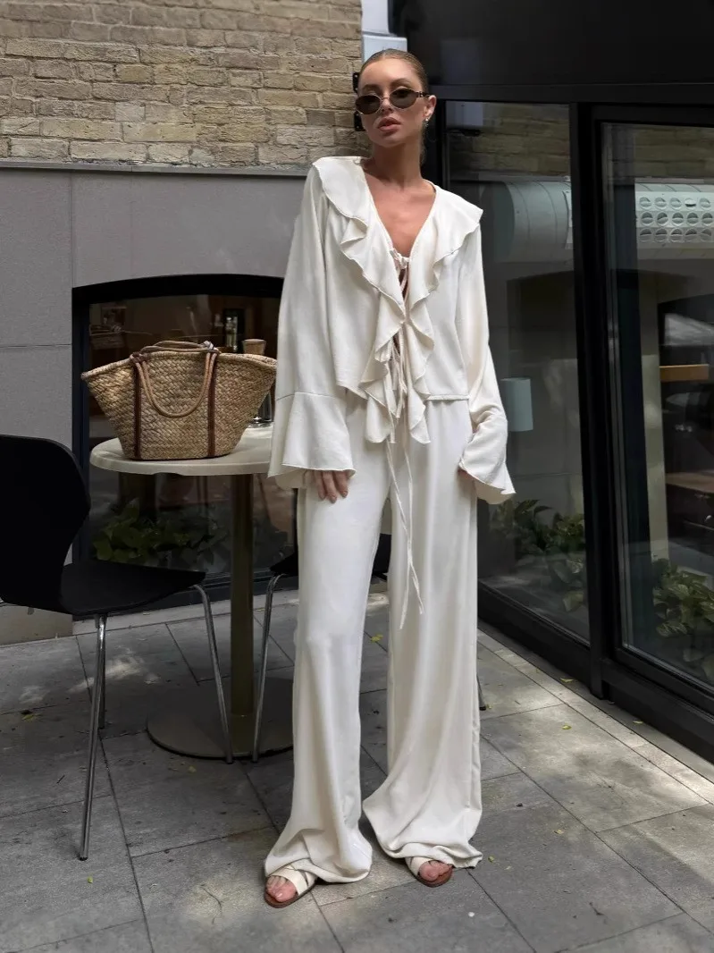 Fall Women's Clothing Two Piece Sets Woman Party Outfit V Neck Ruffle Long Sleeve Blouse High Waist Wide Leg Pants Polyester