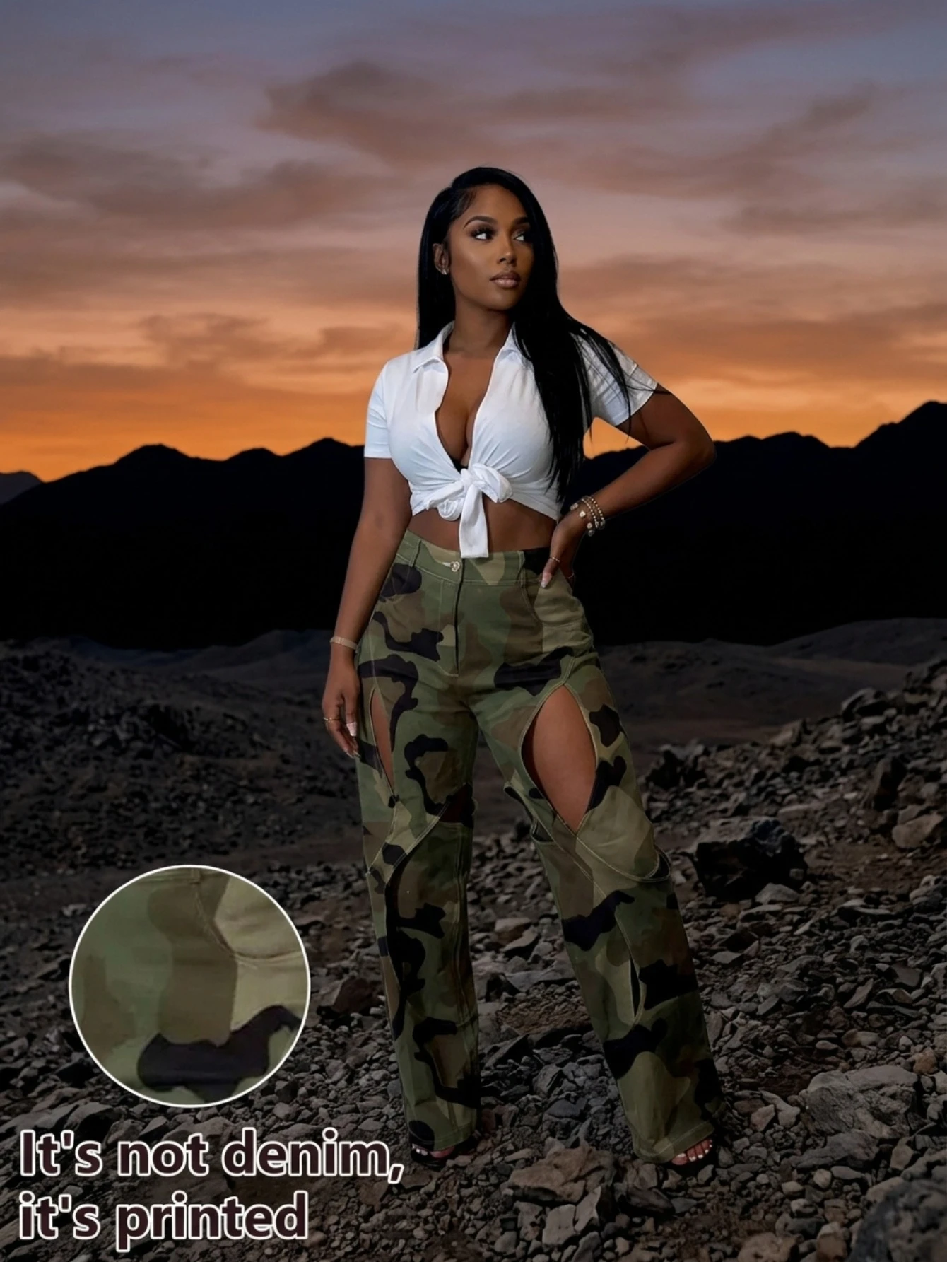 Women High Waist Camouflage Printed Cut‑Out Wide Leg Long Pants Casual Streetwear Trousers