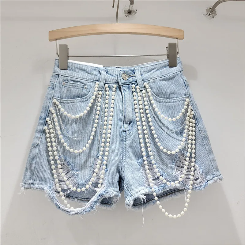 2024 Summer New Arrival Denim Shorts Women's Handmade Beaded Edge Korean Style High Waist Slimming Wide Leg Pants