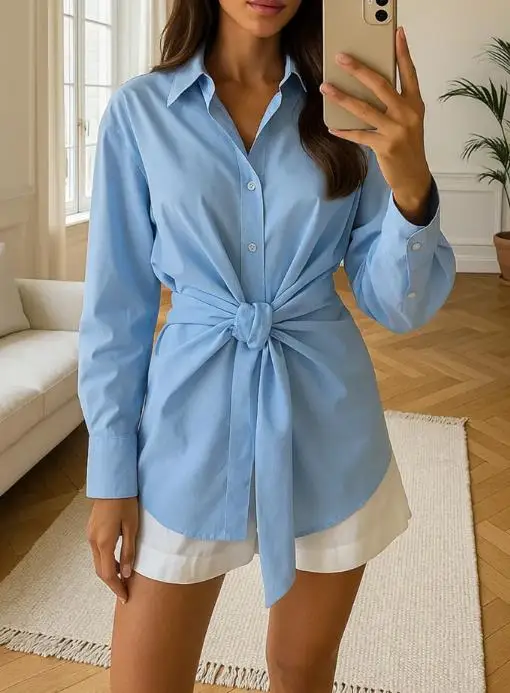 

Casual Minimalist Button Up Long Sleeved Solid Color Shirt, Autumn Elegant Solid Color Lapel Tie Waist Slimming Commuting Shirt