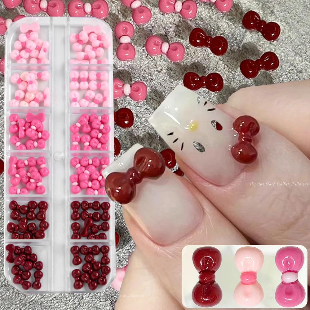 120 stks/doos Roze Rood KT Boog Nail Art Steentjes 3D Leuke Mini Hello Kitty Strik Hars Nail Charm Zoete Strik Nail Art Decorat