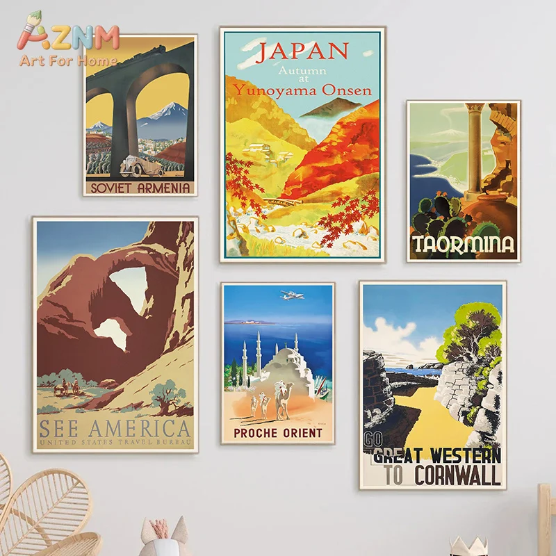 AZNM Vintage World Travel Landscape Canvas Poster Frameless Wall Art Isle of Skye Alps Brazil Japan Retro Scenic Tourism Print F view 3