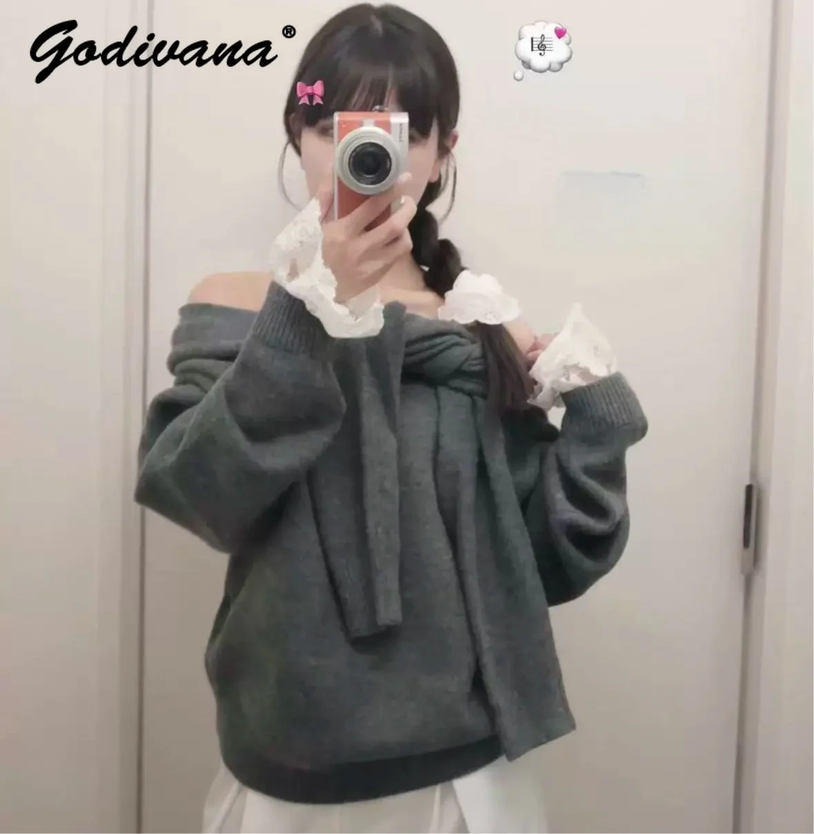 Japanese Style Women Autumn Winter Off-the-Shoulder Knit Top Shawl Tie Design Long Sleeve Loose Sweater with Lace Cuffs