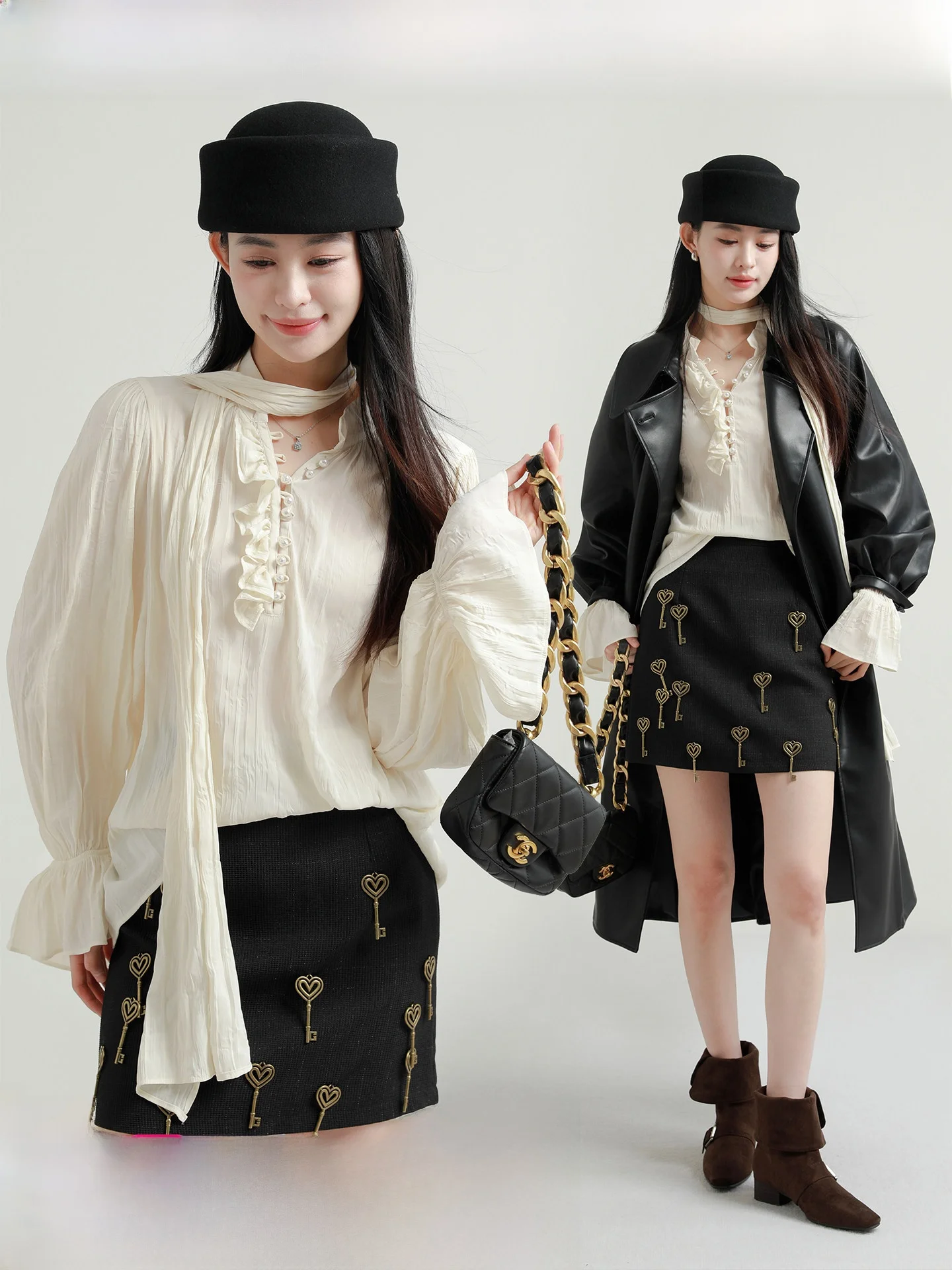 

Original Design Knot Belted Shirt Women's Lace Collar Flared Sleeve Pleated Texture Top French Style Loose Fit Long...