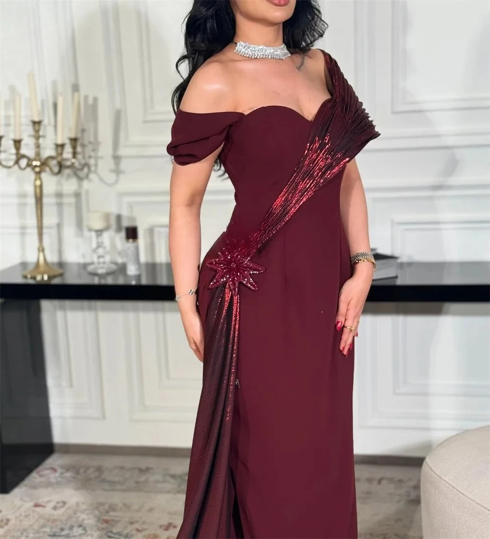 Alta qualidade personalizado feito à mão flor plissado em linha reta fora do ombro vestidos longos sob medida vestidos de ocasião moda requintada