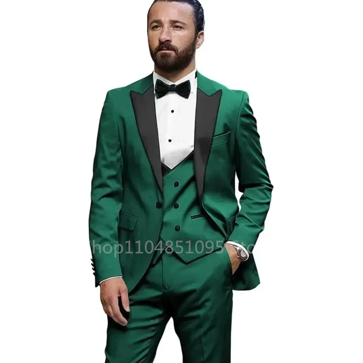 

New Green Men Suit Black Peak Lapel Blazer Slim Fit Groom Tuxedos Formal Business Custom 3 Piece Suit For Men Prom Costume Homme