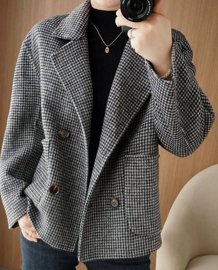 Abrigos de mezcla de lana para mujer, abrigo de lana negro para mujer, otoño, chenilla, cuello con muescas, estampado abstracto, botón hacia abajo, oblicuo, plegable