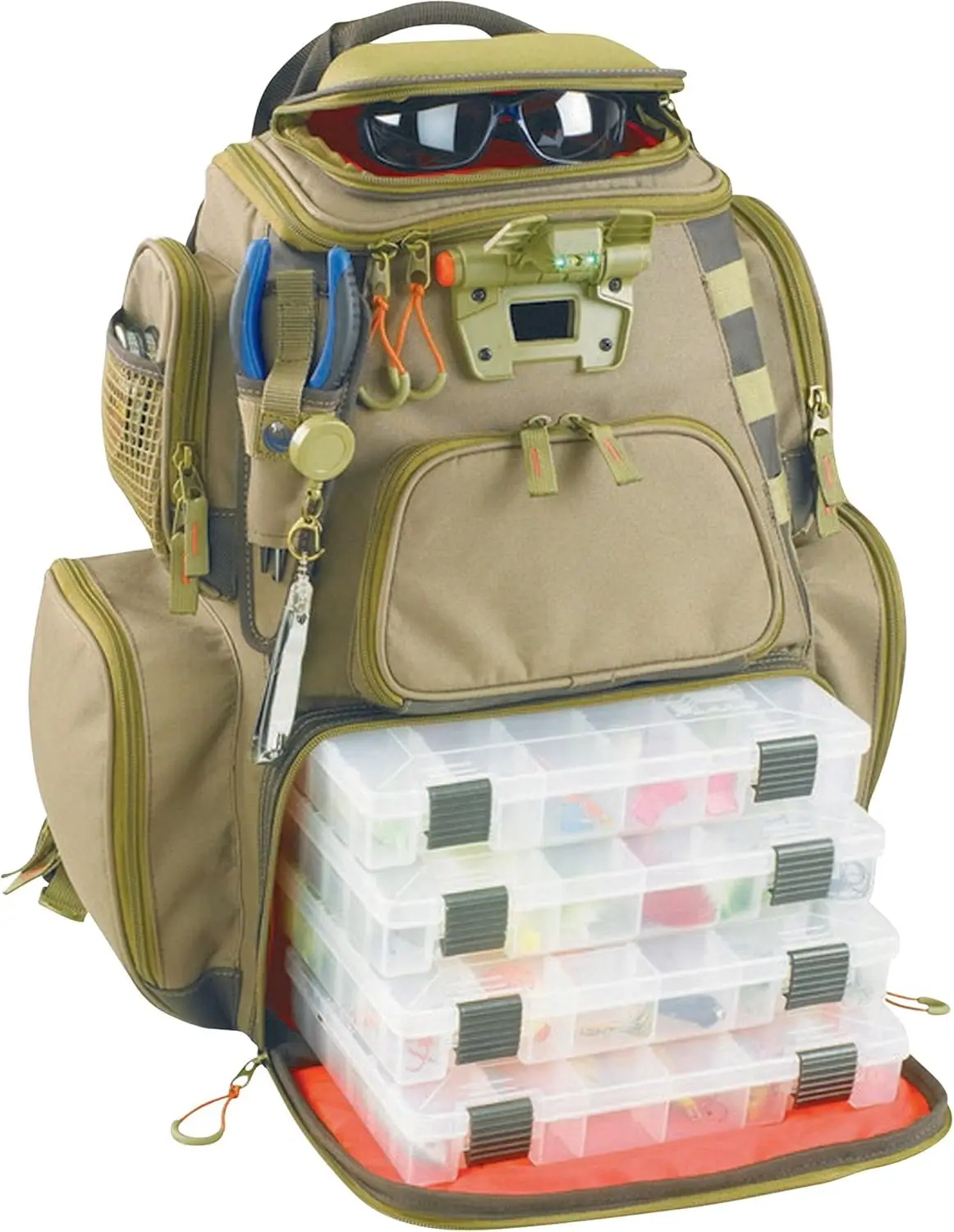 

Custom Leathercraft Wild River by CLC WT3604 Tackle Tek Nomad Lighted Backpack & Four PT3600 Trays, Orange, Sand