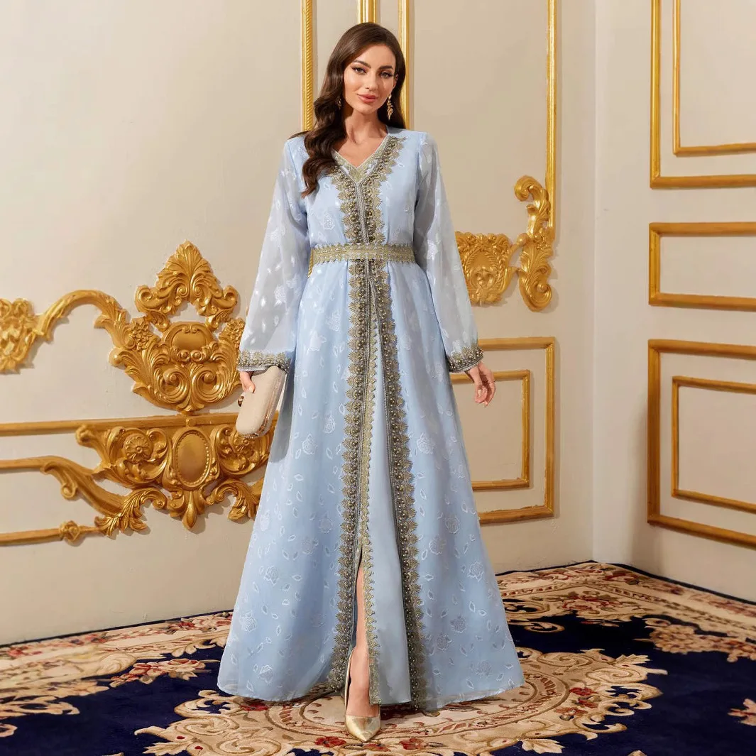 

Dubai Women's Abaya Chiffon Printed Jacquard Fashion Lace-up Dress Gown Women's Clothing Ramadan Dubai Luxury Islam Elegant