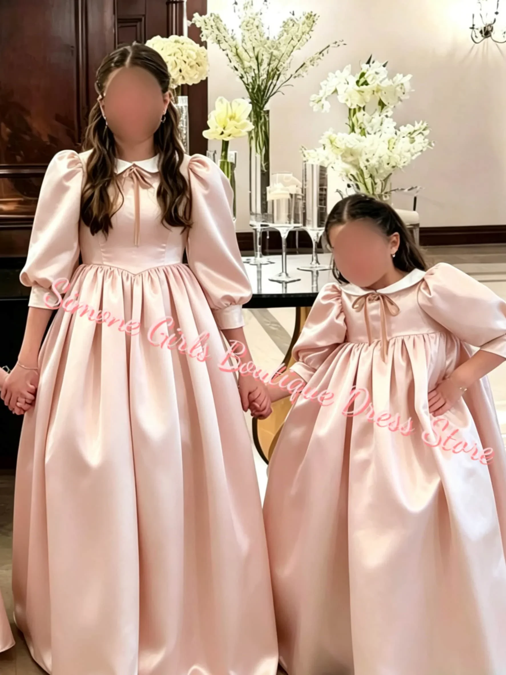 Elegant Ivory Puffy Flower Girl Dress for Wedding Doll Collar Satin 3/4 Sleeves First Communion Kids Birthday Party Ball Gowns