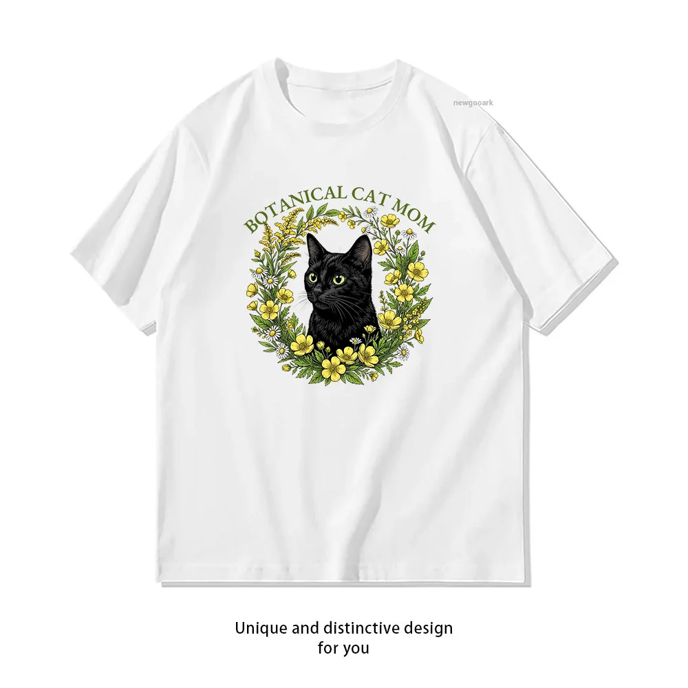 Cute Black Cat Botanical Garden Lady T-Shirt woman man Casual cotton graphic t shirts Adult streetwear camisetas tops tee