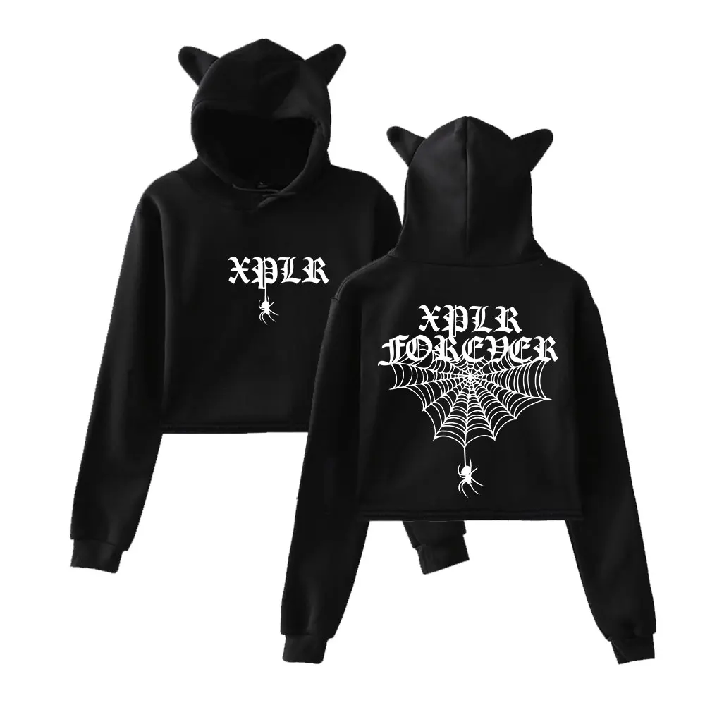 

Sam And Colby XPLR Hoodies Darkly Gothic Spider Cobweb Print Hoodie Girls Cute Cat Ear Crop Sweatshirt Streetwear Hip Hop Hoodie