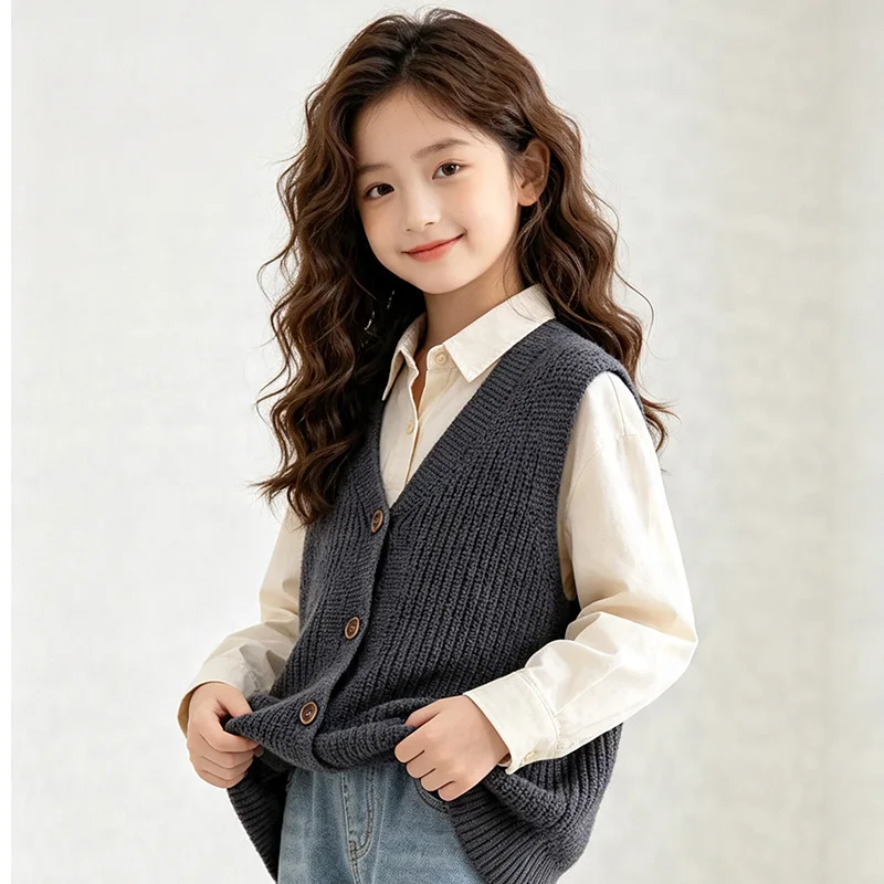 Kids Knitted Vest 100%Cotton Autumn/Winter V-Collar Warm Soft Waistcoat For Teen Girls 5-15 Years Wear 2