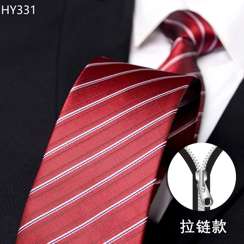 

High Quality Wine Red and White striped Tie Men's Zipper Formal Attire Business Banquet Shirt Accessories 8CM Wide Zipper Tie