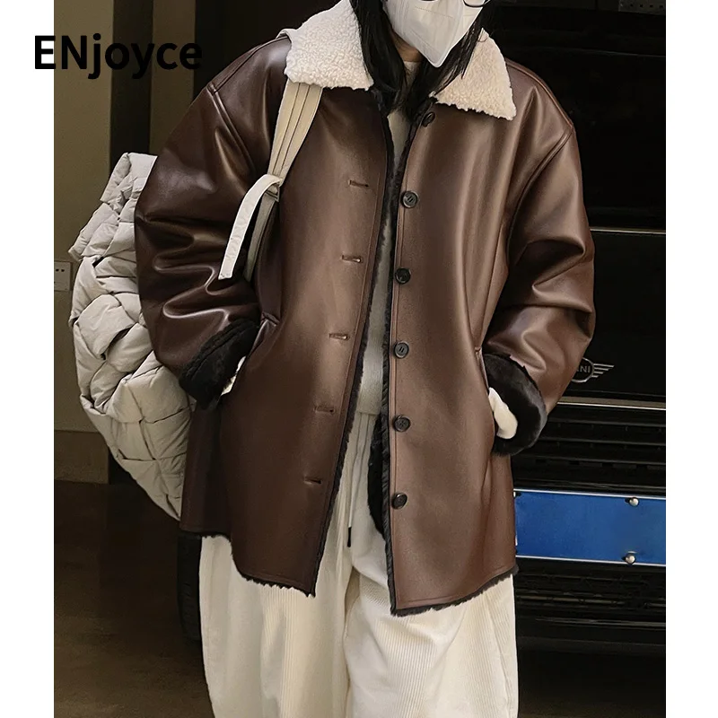 Women Vintage Biker Style Lapel Lambswool Sheepskin Overcoats Thicken Jacket Female Casual Loose Warmer Outerwear Coat Winter