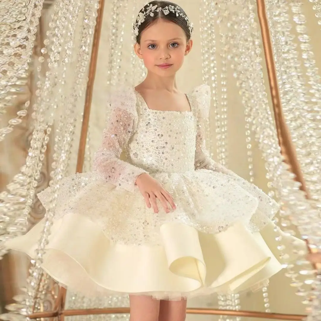 

Customized Flower Girl Dresses Beige Sequin Satin With Bow Long Sleeve For Wedding Birthday Banquet Prom Holy Communion Gown
