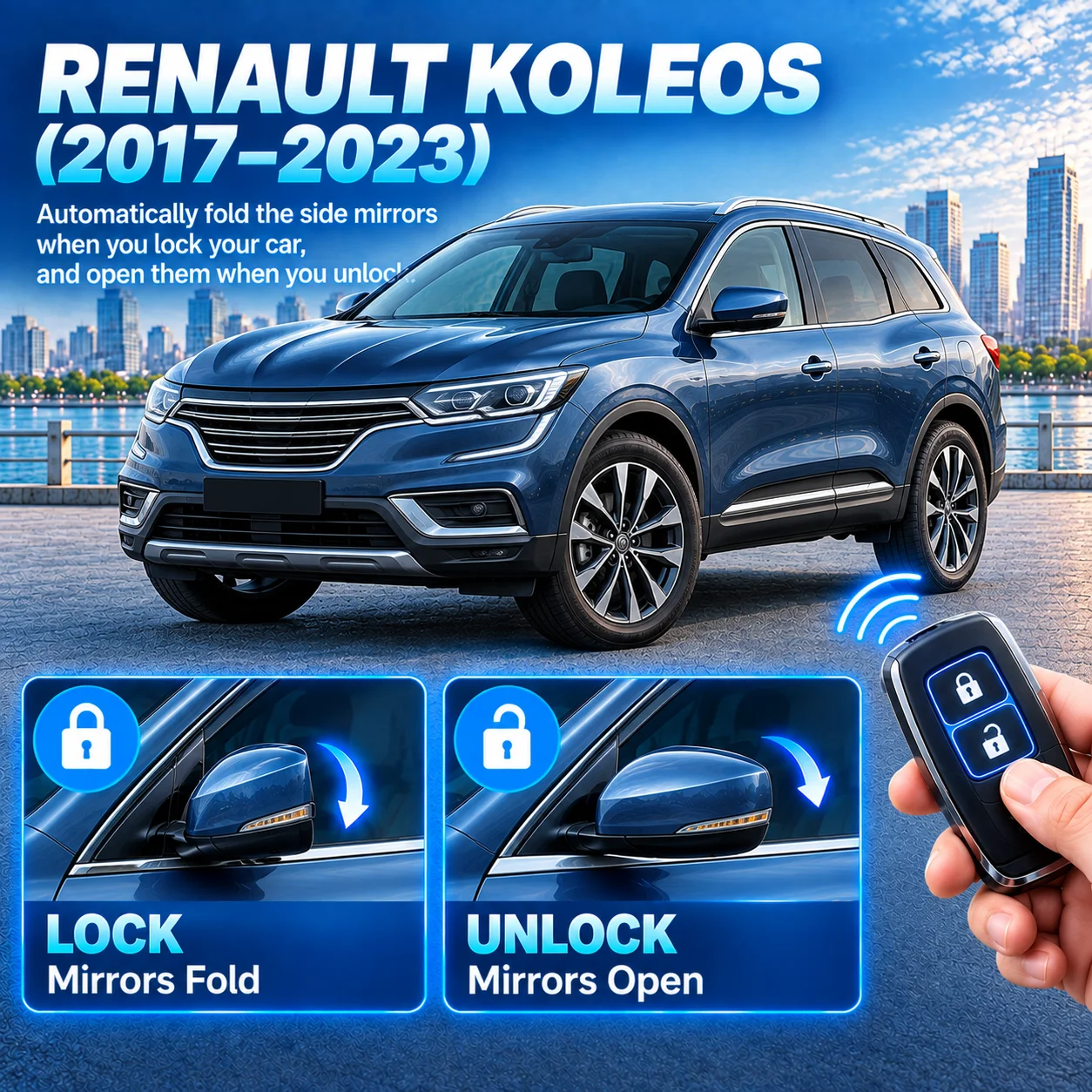 Side mirror folding module for Renault Koleos (2017–2023): folds upon locking, unfolds upon unlocking.
