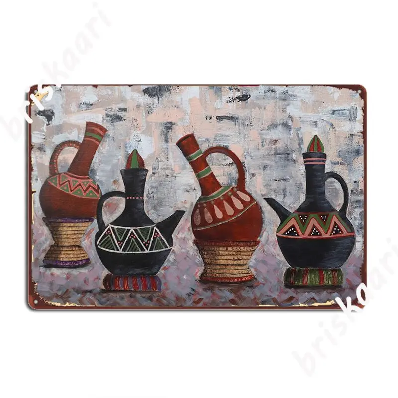 Habesha Traditional Coffee Pots Four Jabenas East African Coffee Painting Poster Metal Plaque  Classic   Garage Decoration