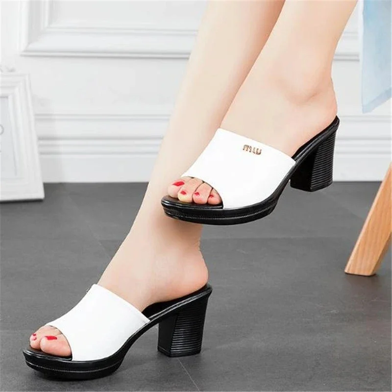 Women Sexy High Heel Clogs Summer Peep Toe Platform Mules Ladies Genuine Leather Slippers Female Slip On Sandals Shoes