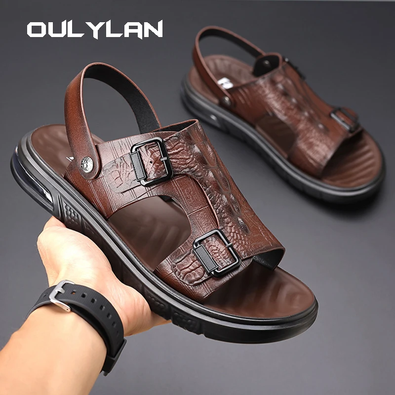 

Cowhide Casual Sandals For Men's Soft Latex Sole Non-slip Air Cushion Sports Mens Sandals Beach Shoes Sandals