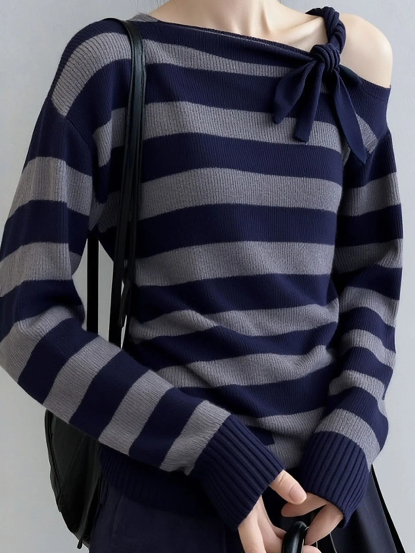 oulder Bared Striped Knitwear Thi Long Sve Lazy Sle High End Feeling Autumn Winter Women's Sweater Korean Loose Fit