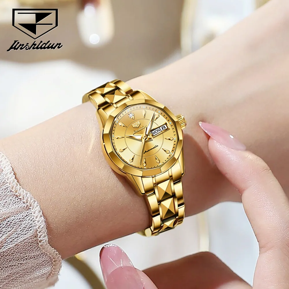 JSDUN Mechanical Watch for Women Luxury Tungsten Steel Strap Dual Calendar Waterproof Luminous Elegant Women\'s Automatic Watches