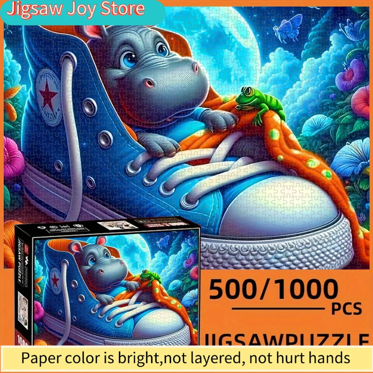 

500/1000pcs Hippo Giant Canvas Shoes Frog Friend Dreamy Scene Thick Durable White Card Design Puzzle, Exquisite Packaging Box,