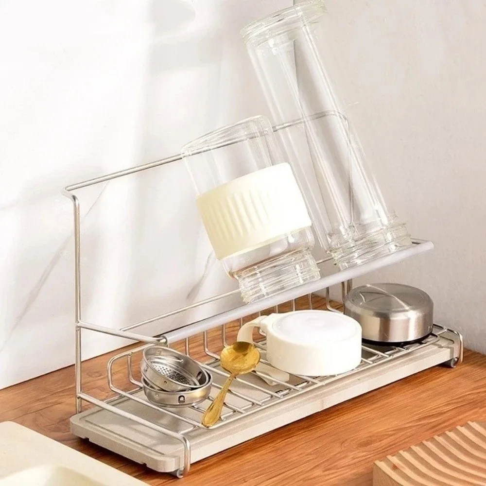 Stainless Steel Double-layer Water Cup Rack Large Capacity Anti-Fall Bottle Drying Rack Saving Space Cup Organizer