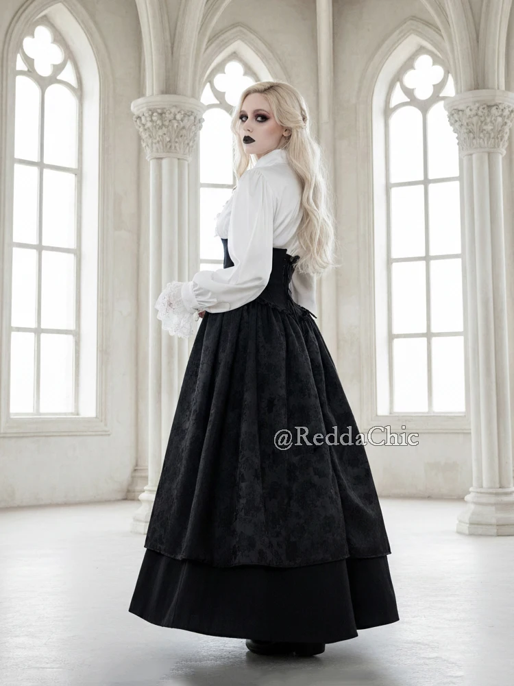 REDDACHiC Gothic Lolita 3-piece SK Set Black Cape Peacoat Lotus Ruffle Blouse Maxi Long Laced Waist Cincher Skirt Women Clothes