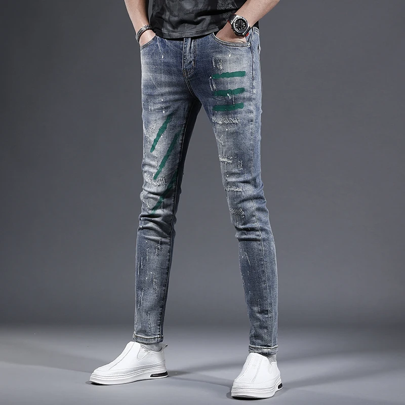 Striped Printed Ripped Men's Jeans 2023 Casual Slim Fit Blue Pants Streetwear Scratched Denim Trousers CP2187