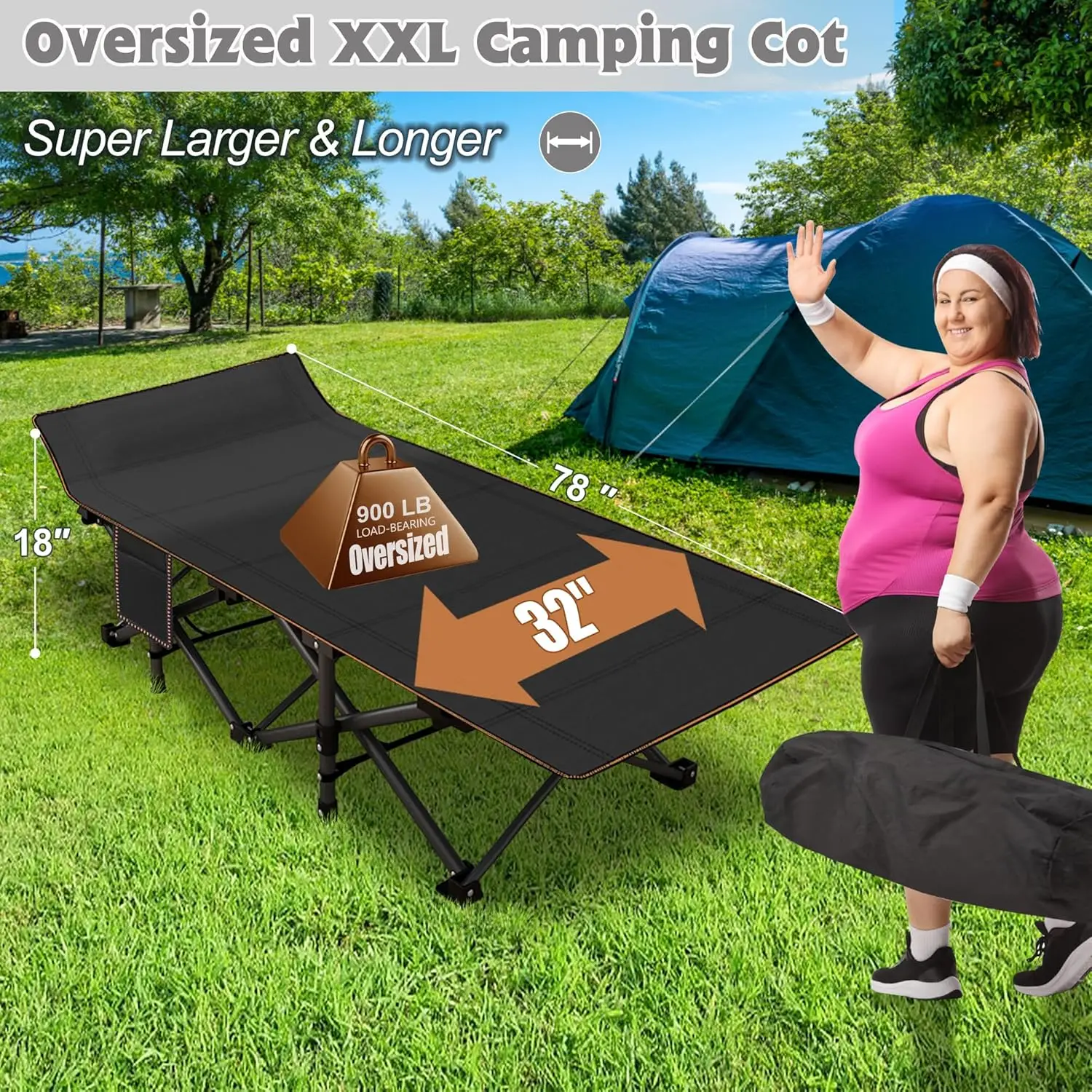 Oversized XXL Folding Camping Cot W/Mat for Adults, 78