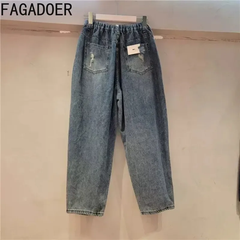 FAGADOER Retro Fashion Spring Floral Denim Pants Women Rhinestones Hole Patchwork Shining Jeans Female Streetwear Bottoms New