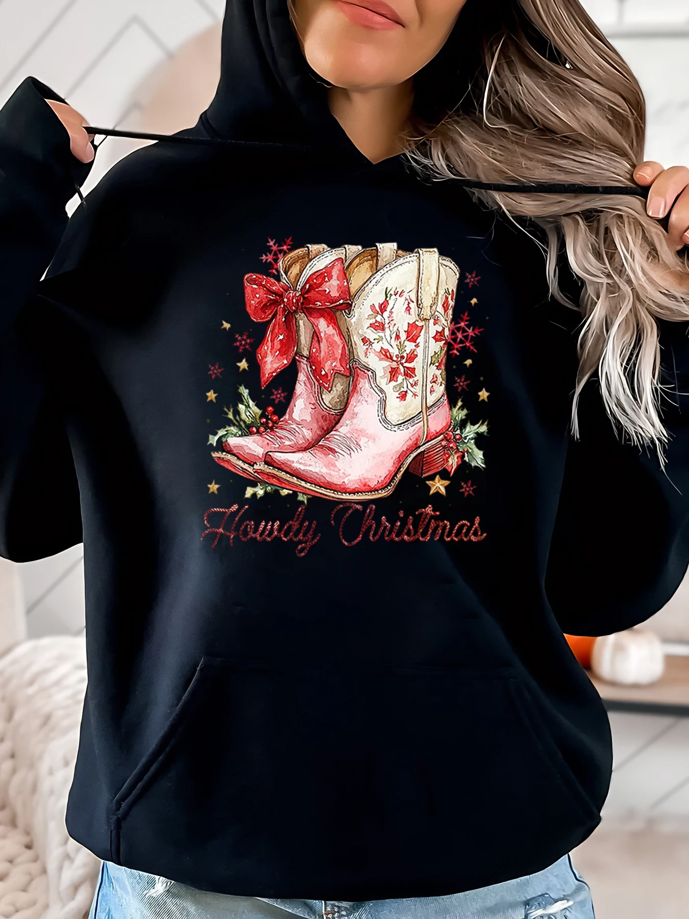 Cowboy Boots Howdy Christmas Print Hoodie Holiday Women Casual Wear Black Plus-Size