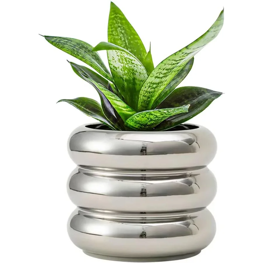 

Ceramic Plant Pot Indoor 4.7 Inch Flower Pot with Drainage Hole Small Bubble Design Ceramic Planter for Home Office Dr Silver