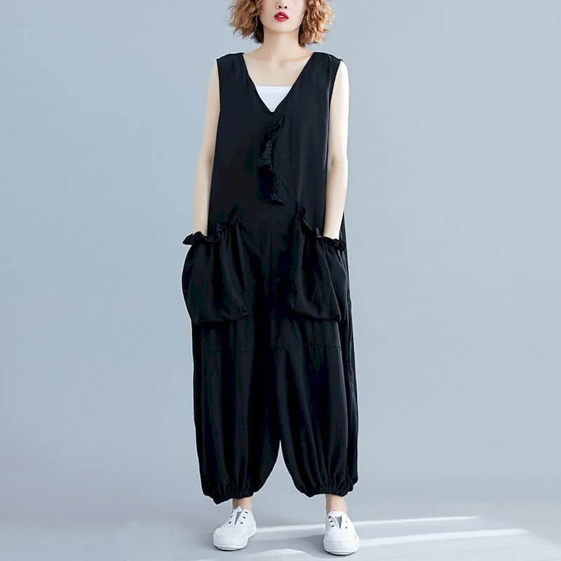 Solid Color V-neck Jumpsuit Women Sleeveless Vest Knickerbockers Summer Loose Capris Ankle-Length Pants Pockets One-piece Basics