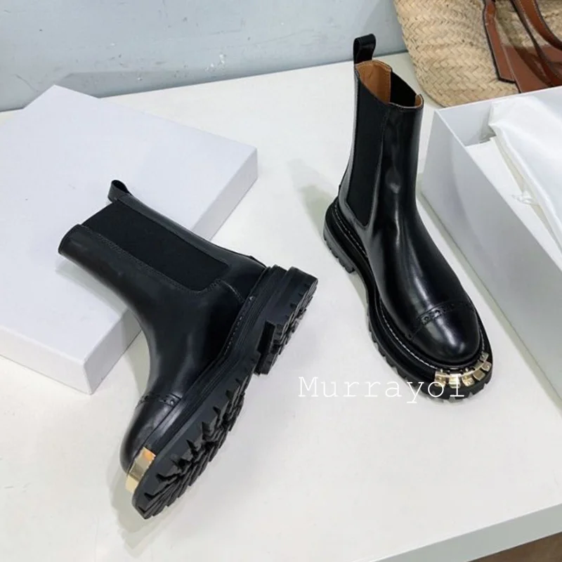 Okrągłe Toe metalowe grube dno krótkie buty damskie prawdziwej skóry gumką łączenie kostki Botas jesienne zimowe Chelsea Boots