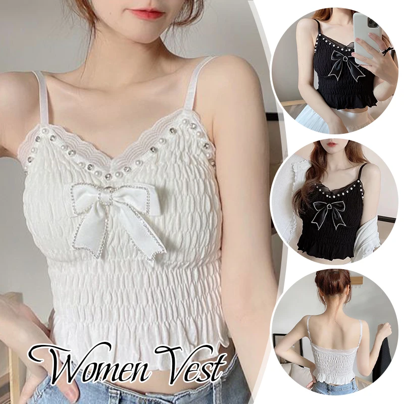 

Лето 2025 года, кружевная майка с бантом для женщин, плиссированные укороченные топы, винтажная одежда, однотонная сексуальная женская милая элегантная майка в стиле Харадзюку