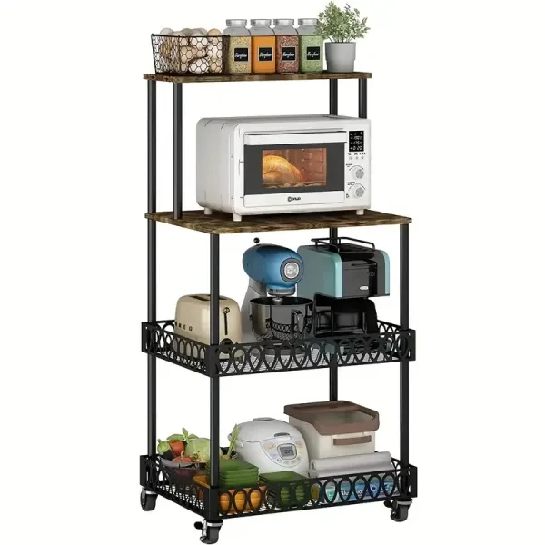 

4 Tier Kitchen Baker Rack Coffee Bar Station Microwave Oven Stand Rustic Brown Storage Shelf for