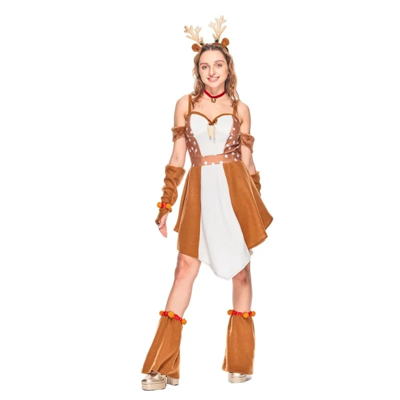 Women Festive Reindeer Costume Holiday Party Dress with Antler Headband Adult Animal Cosplay for Christmas Party Carnival Purim