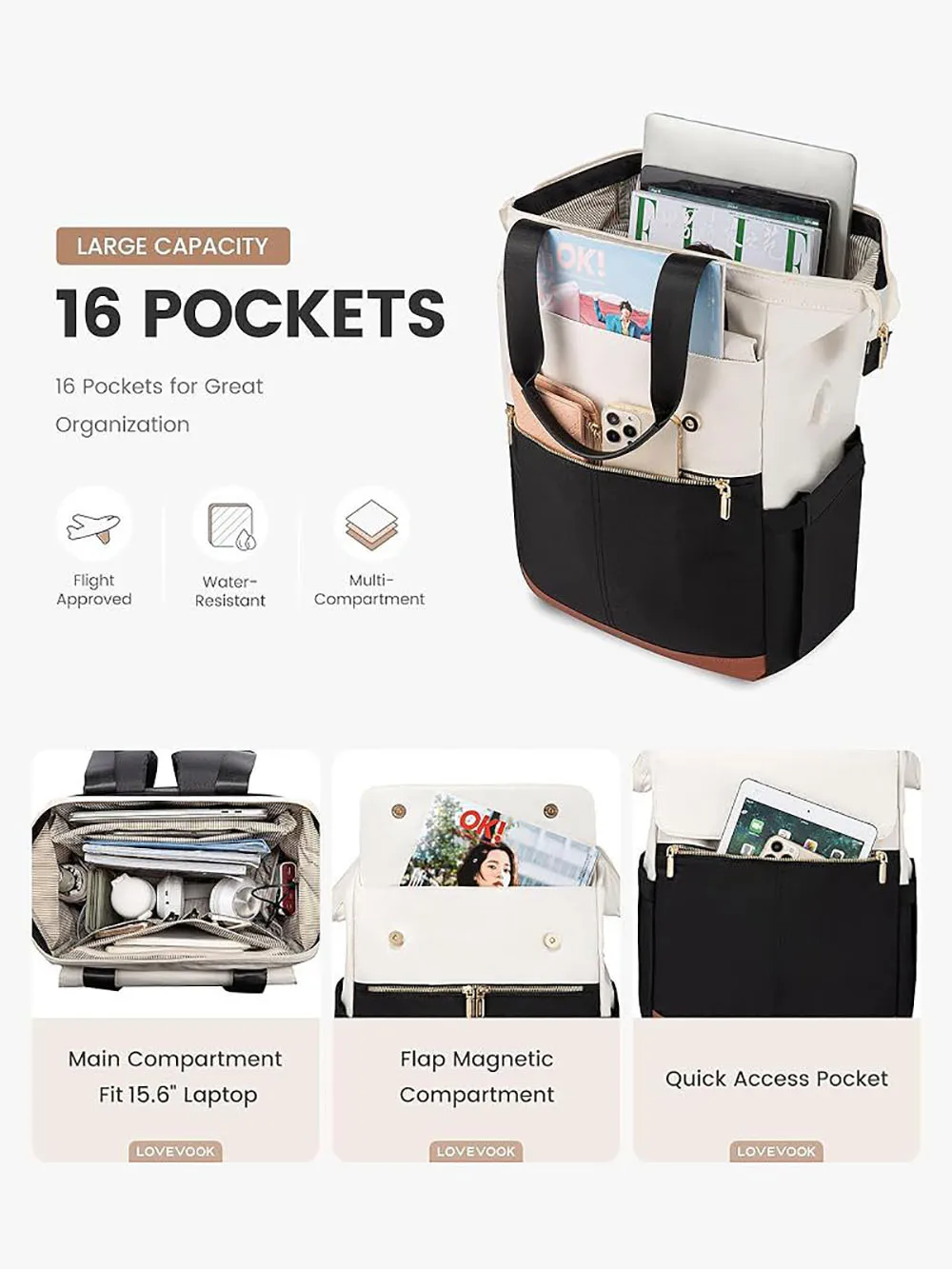 15.6 Inch Laptop Backpack for Women with USB Port Fashion Shoulder Bags Purse Waterproof Travel Backpack with Organizer Bag