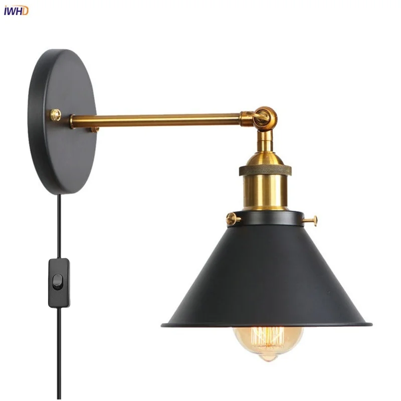 

IWHD Simple Plug In LED Wall Lamp Sconce Dining Room Bedside Hotel Vintage Gold Industrial Adjustable Light Fixture Lamparas