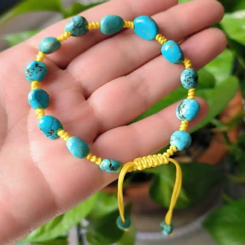 

Natural Turquoise Irregular Bead Bracelet Men's Yellow Cord Adjustable Wristband