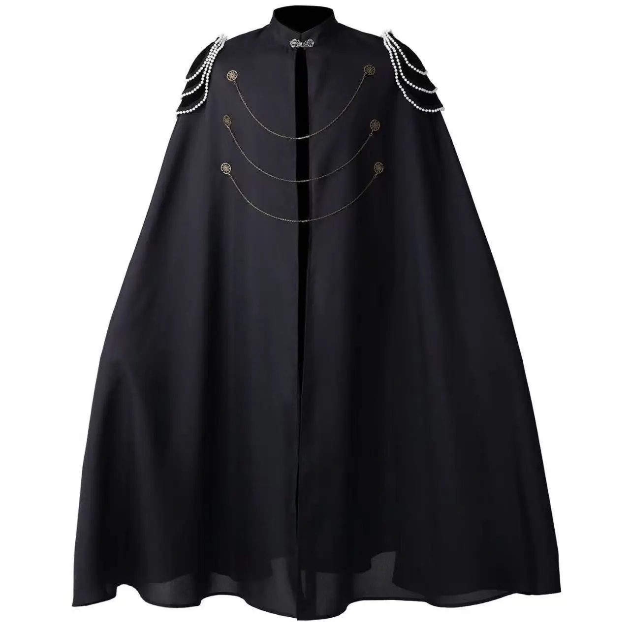 

Middle Ages European Royal Cloak with Shoulder Pads Men Women Bead Gear Chain Long Robe Dark Black Halloween Cosplay Outer Cape