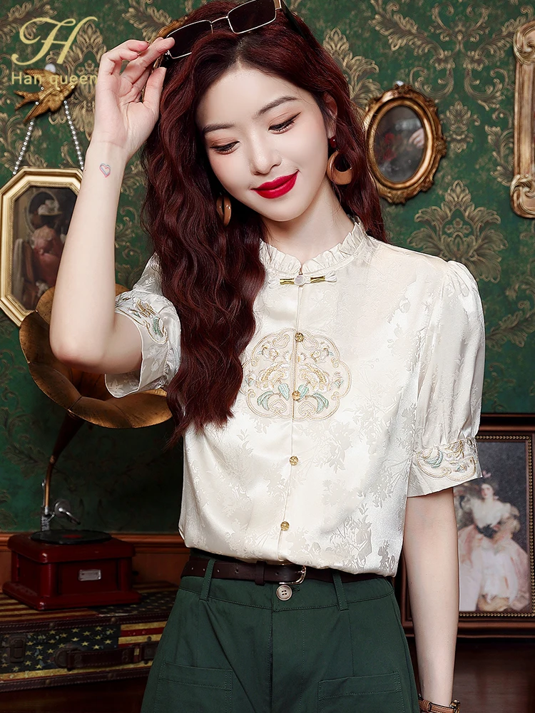 H Han Queen 2024 Summer Embroidery Japanese Vintage Clothes Elegant Chiffon Blouses Loose Casual Short Sleeve Shirts Women Tops