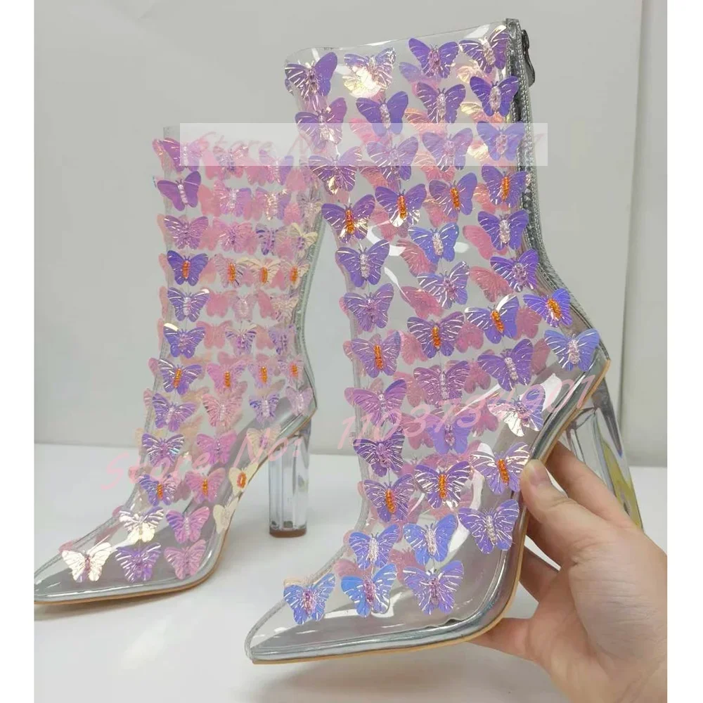 

Женские сапоги до середины икры с прозрачной бабочкой и острым носком, Милая женская обувь из ПВХ на молнии сзади и блочном высоком каблуке, женские элегантные модные сапоги
