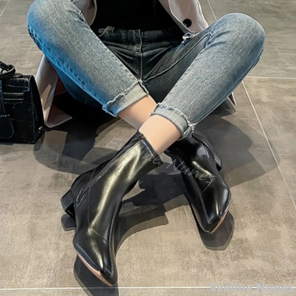 

Square Toe Splicing Stretch Mid-calf Boots Women Chunky Heel Side Zipper Solid Leather Boots 2025 Spring New Special Offer Boots