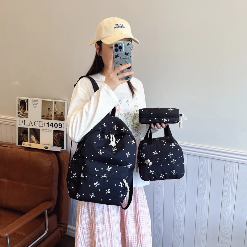 3-teiliger Kawaii-Nylon-Rucksack mit Handtasche und Federmäppchen, süßer Rucksack mit Schleife, schöner Laptop-Rucksack mit Schleife, Reise-Rucksack