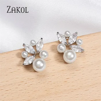 ZAKOL 여성용 우아한 화이트 모조 진주 귀걸이, 반짝이는 지르콘 잎, 신부 귀걸이, 웨딩 디너 쥬얼리